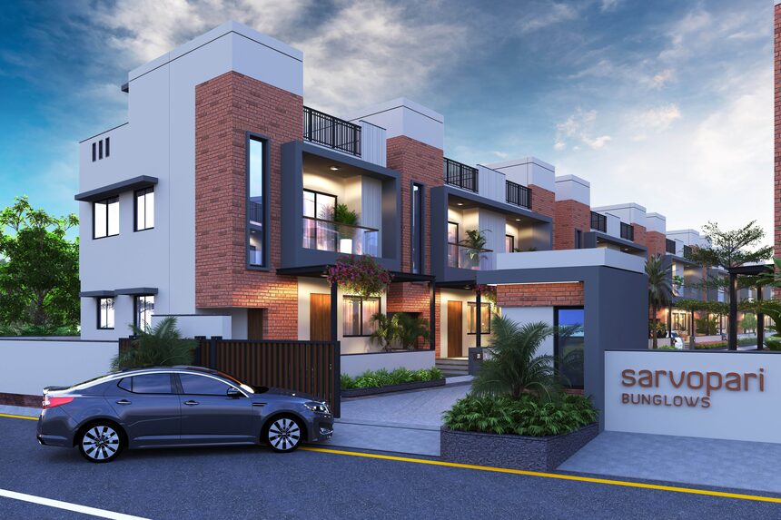 The entrance to Sarvopari Bunglows, twin units either side of the scheme's own signage