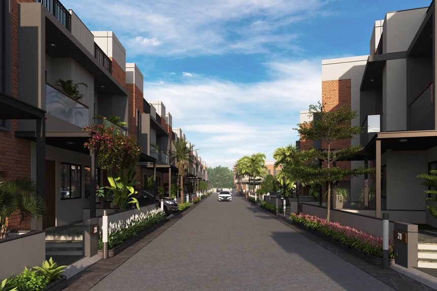 A long perspective down an internal street between two rows of bungalows